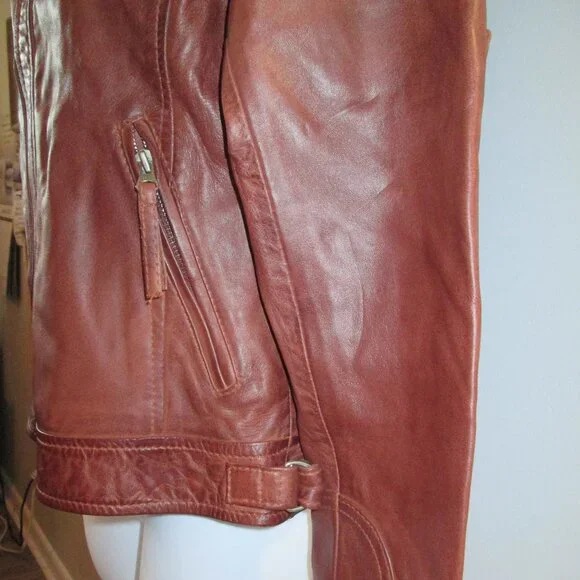 Cognac Leather Biker Style Jacket - Quilted Shoulder Sz XS - Picture 11 of 12